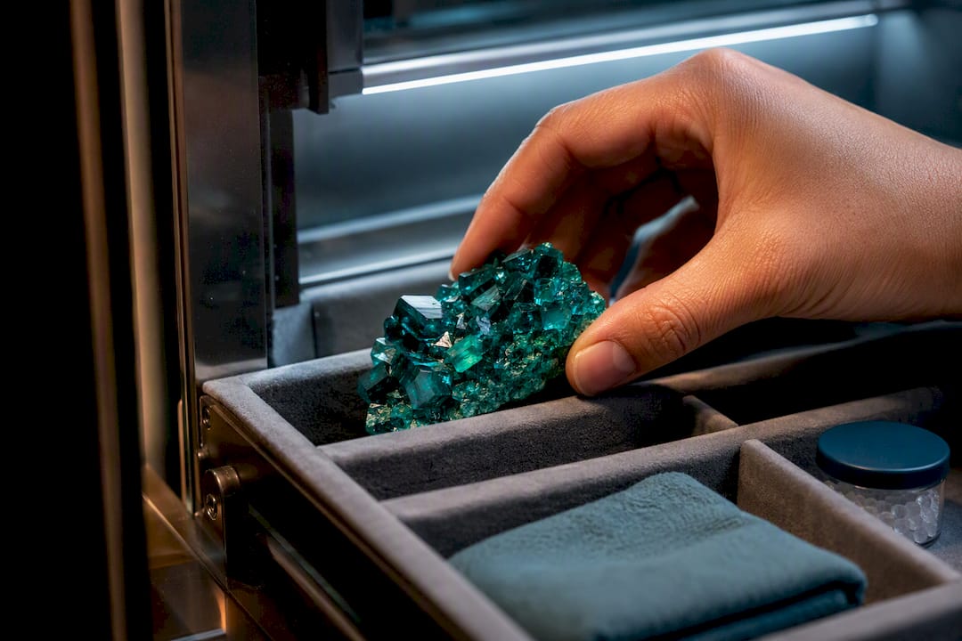 Partial dioptase specimen in dry storage