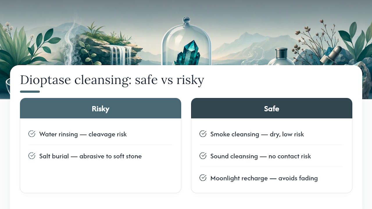 Safe and risky dioptase cleansing methods