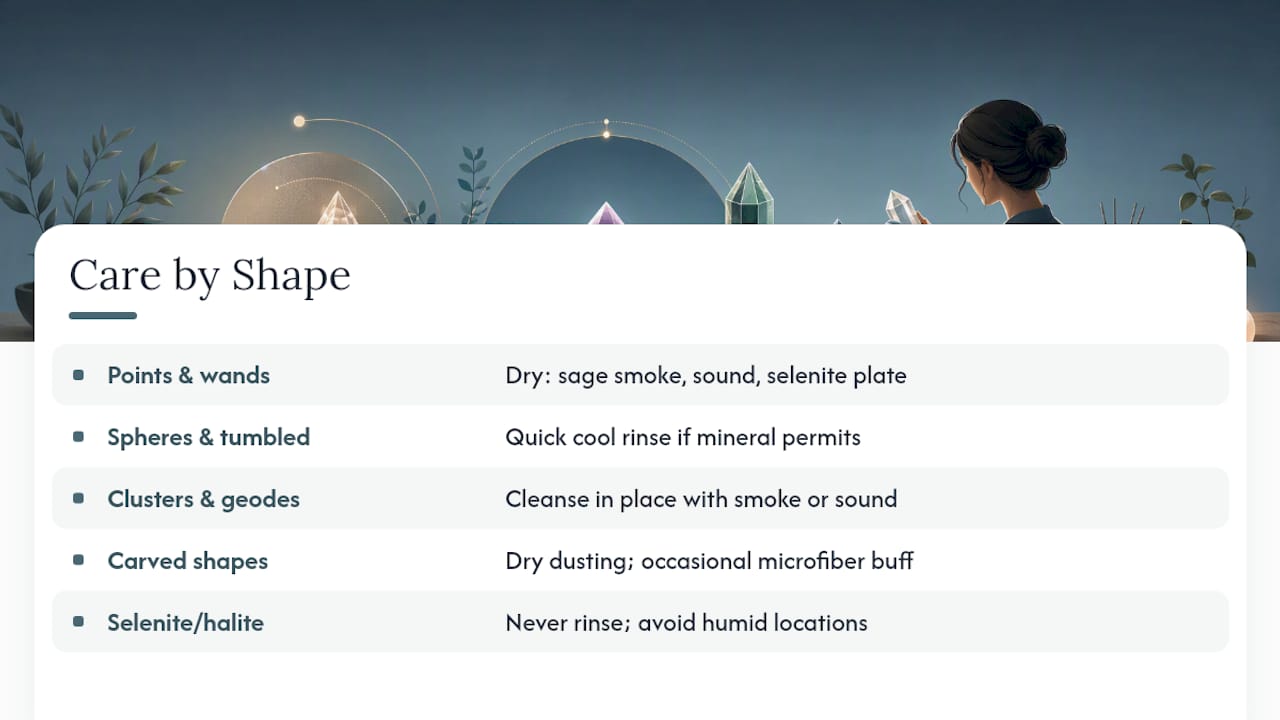 Care methods matched to crystal shapes