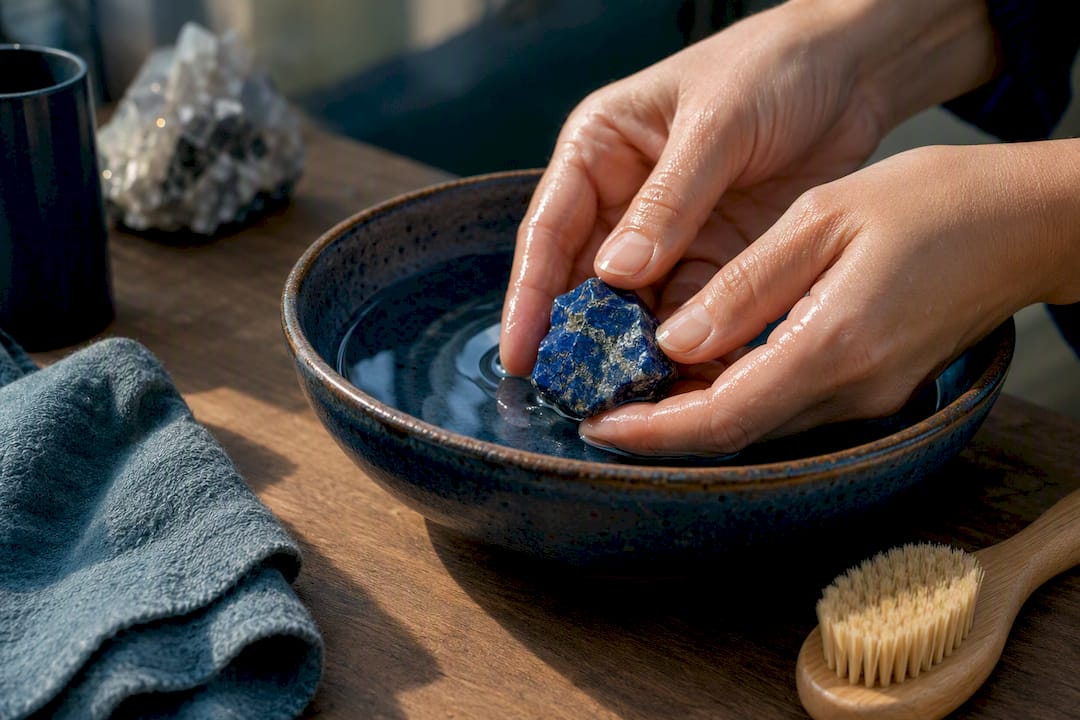 Hands gently cleaning a blue lapis stone