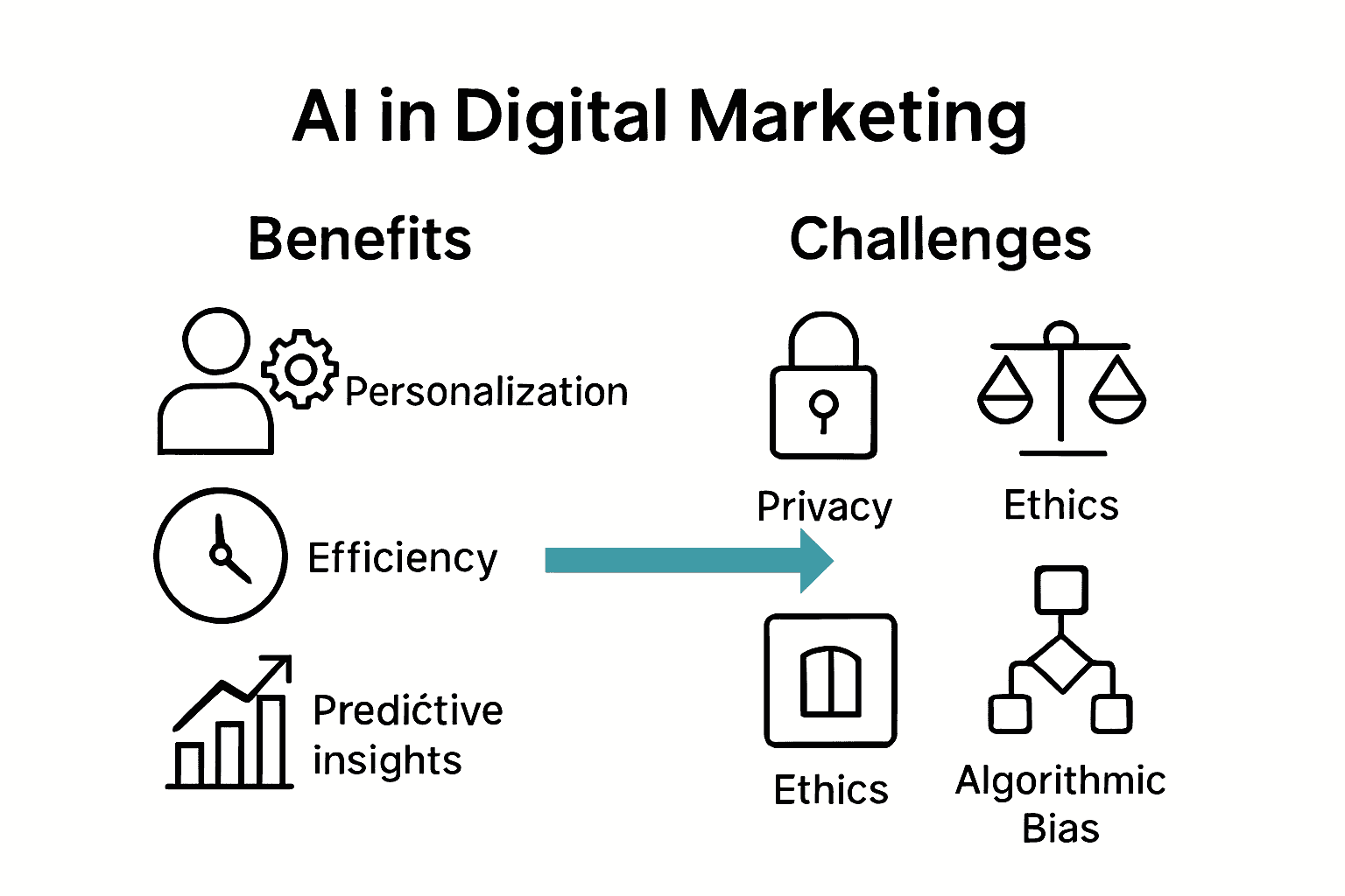 AI in Digital Marketing: Complete Expert Guide 2 Infographic comparing AI marketing benefits and challenges