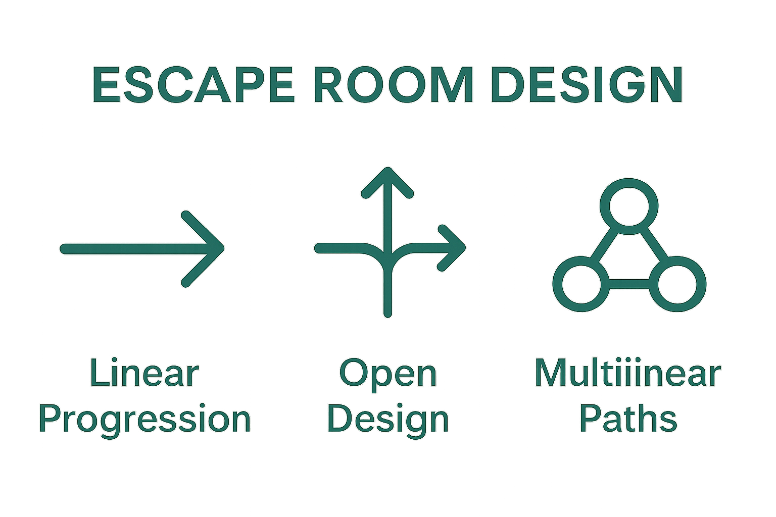 Infographic showing three types of escape room design structures: linear progression, open design, and multilinear paths.