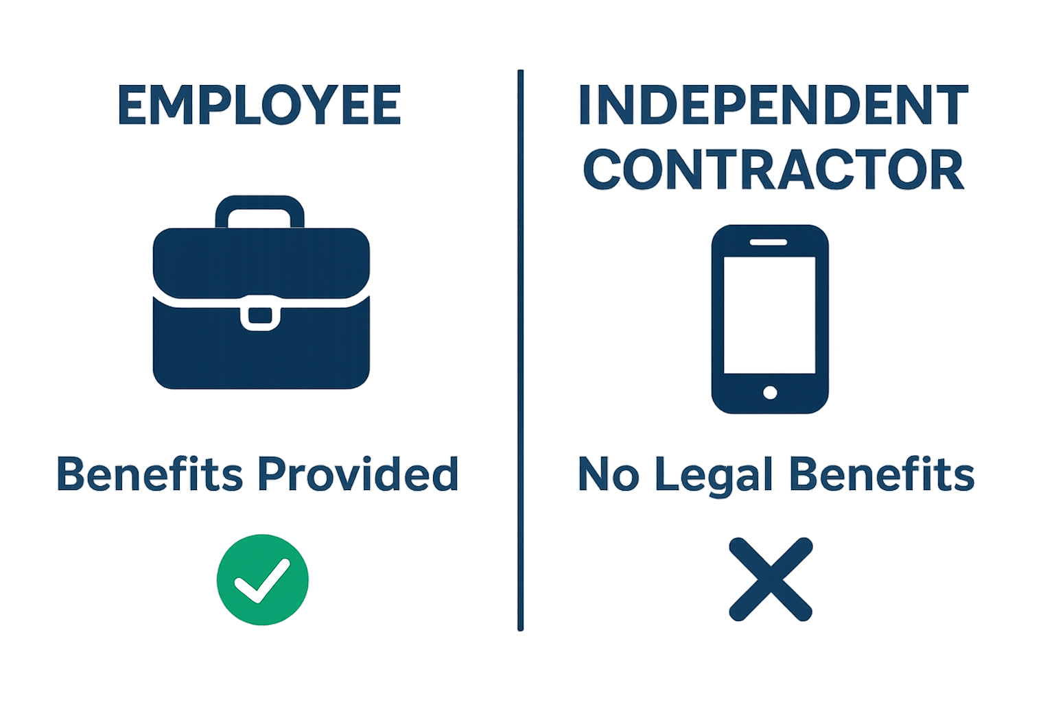 Side-by-side classification of employee vs. contractor with icons and one key difference