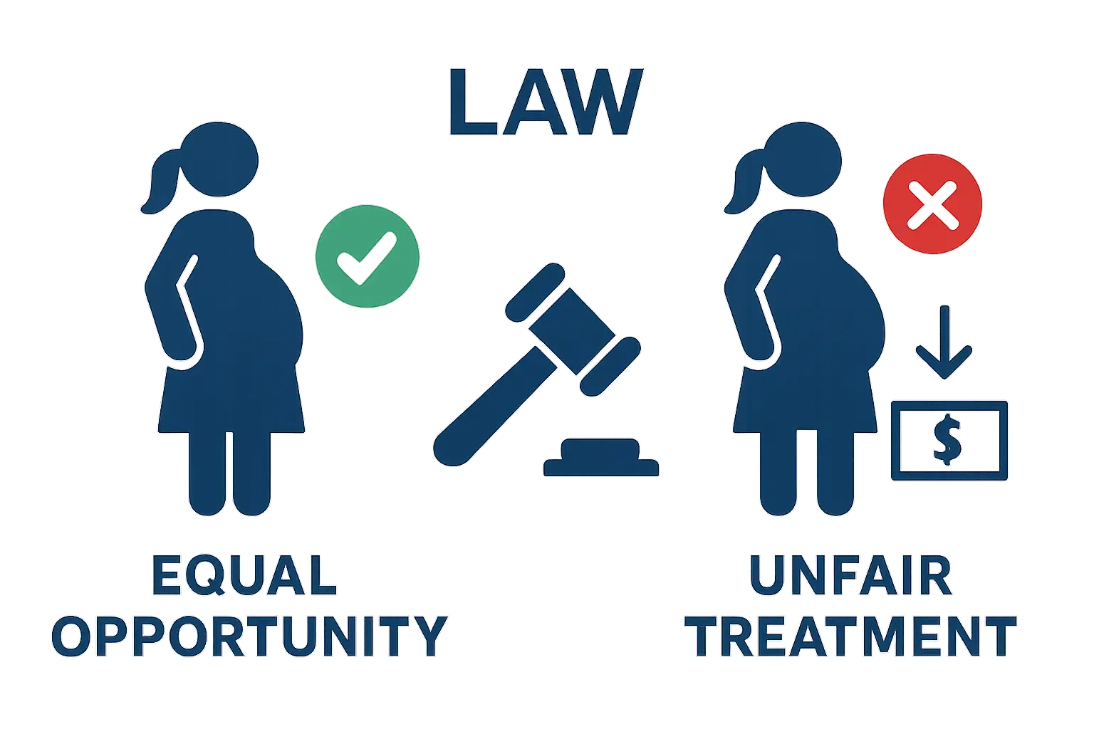 Pregnant worker treated fairly versus unfairly in retail workplace infographic