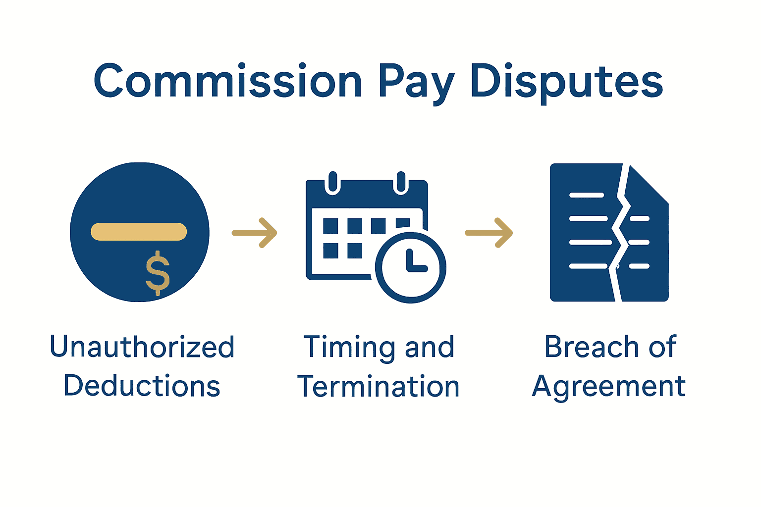 Infographic showing top three causes of commission pay disputes: unauthorized deductions, timing issues, and contract breaches.