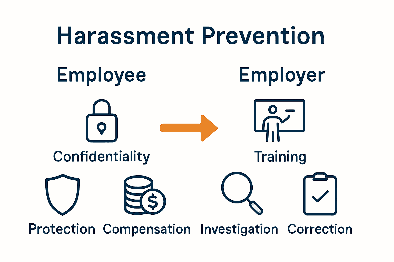 Infographic comparing employee rights and employer obligations in harassment cases.