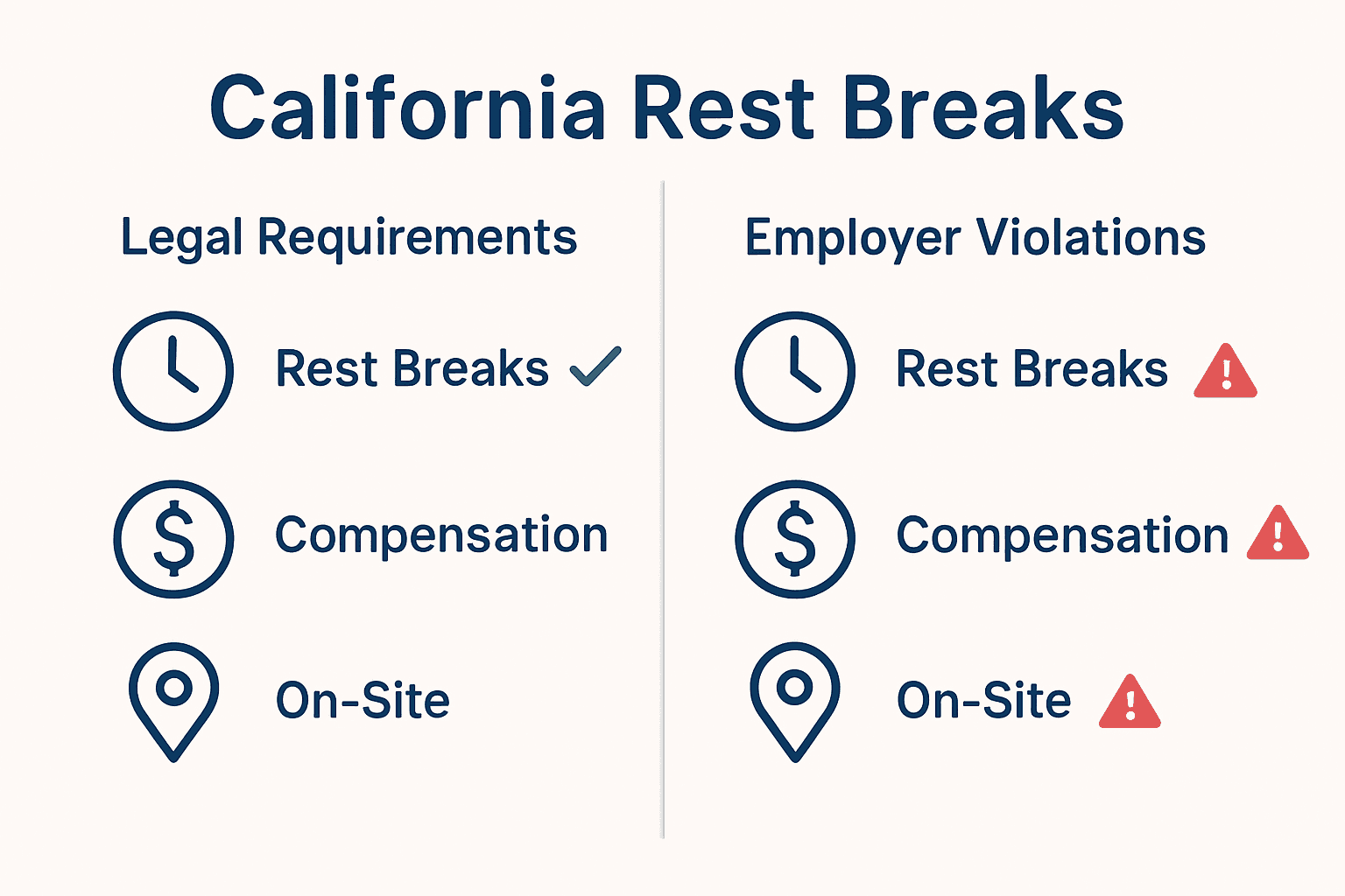 Infographic comparing legal rest break rules and common violations in Santa Ana food service.