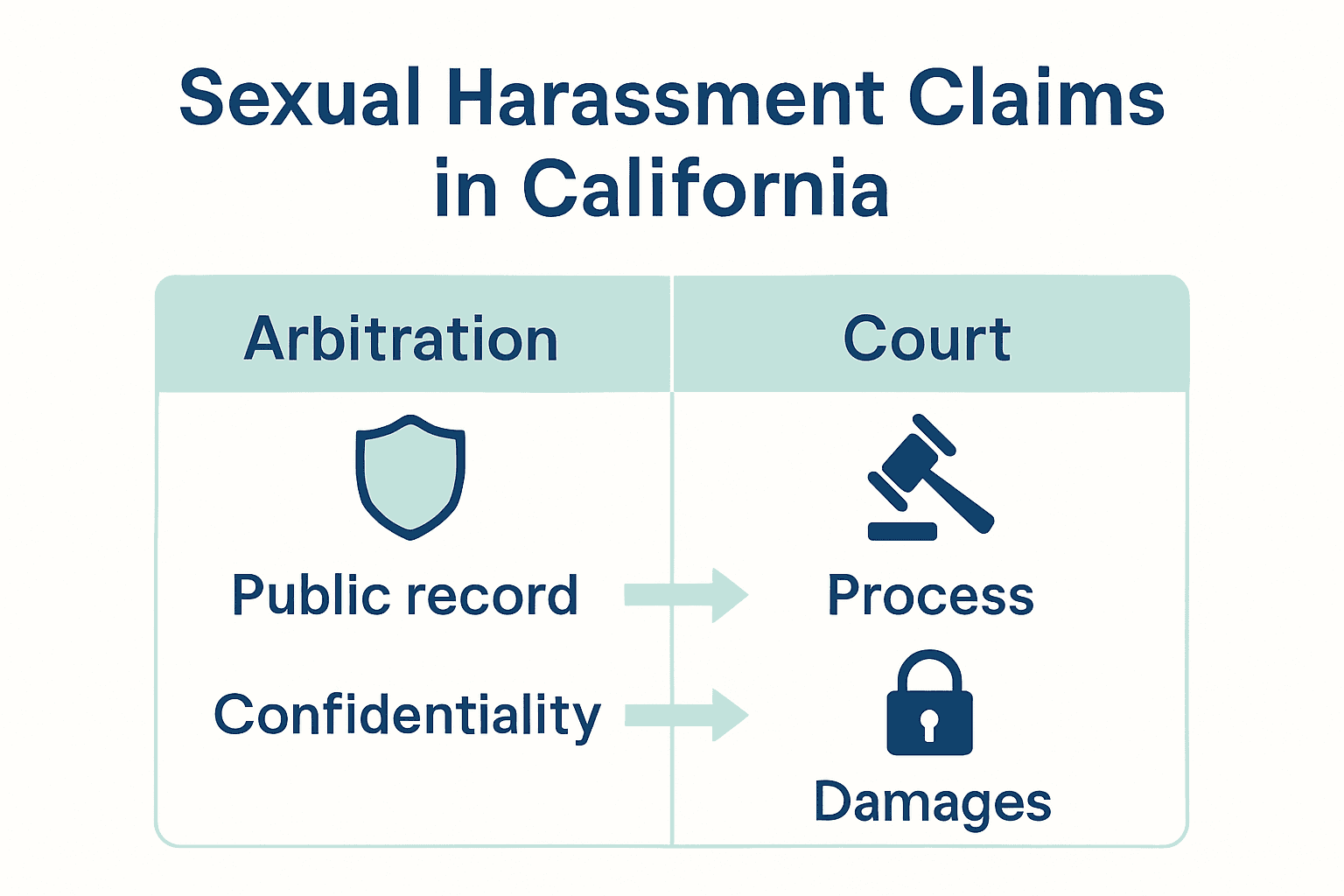 Infographic comparing arbitration and court litigation for harassment claims.