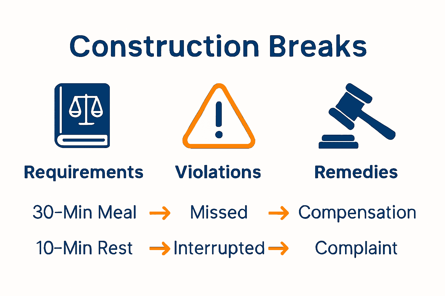 Infographic showing break law requirements, violations, and remedies for construction workers.