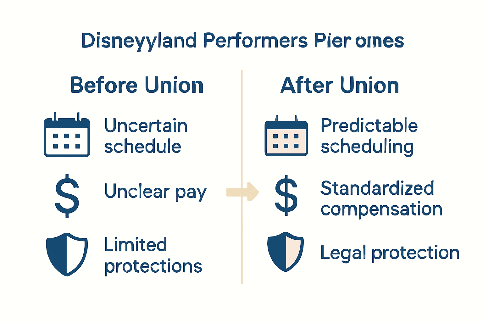 Infographic comparing Disneyland performers’ workplace conditions before and after unionization.