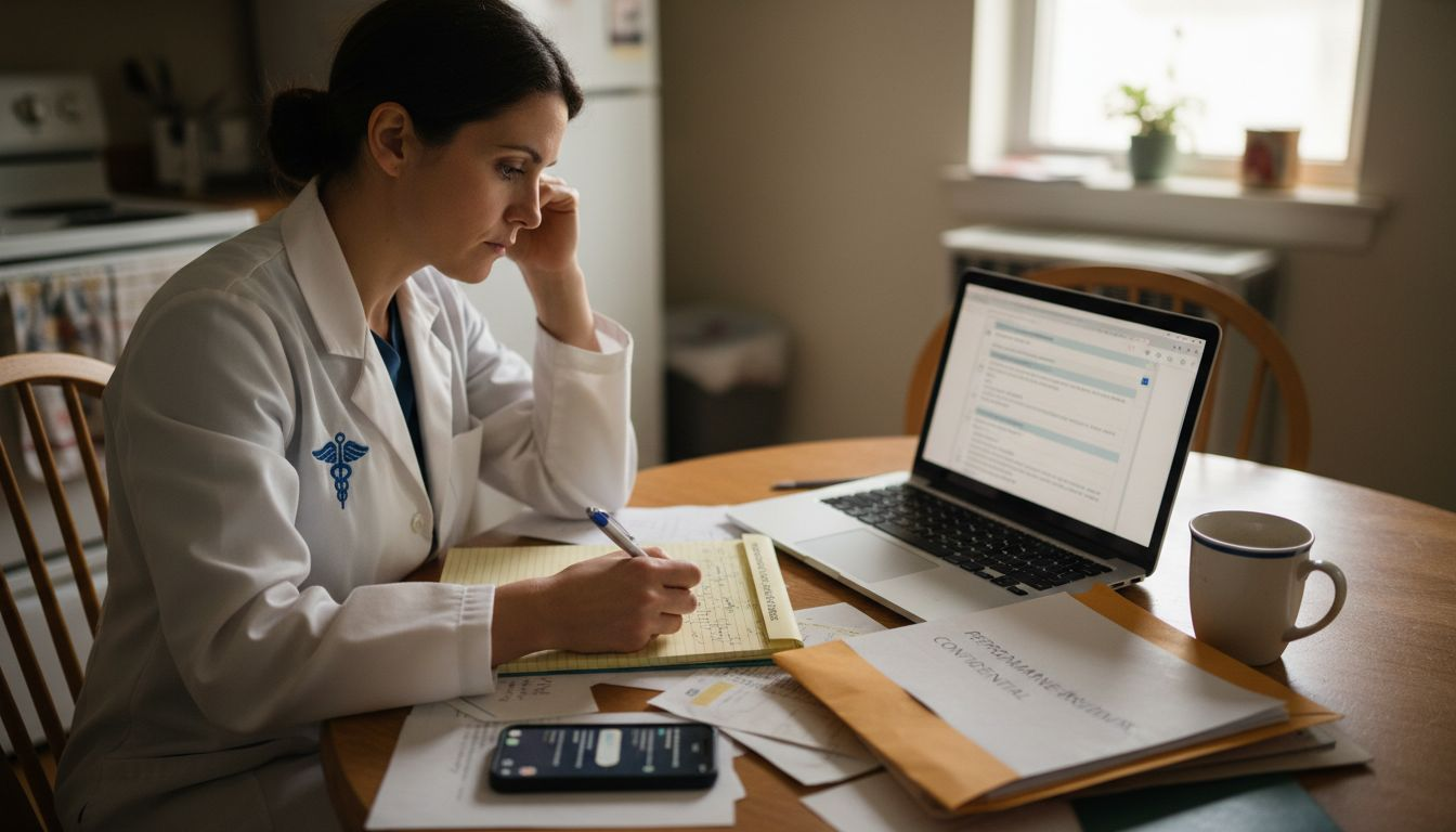 Healthcare worker gathering employment evidence home