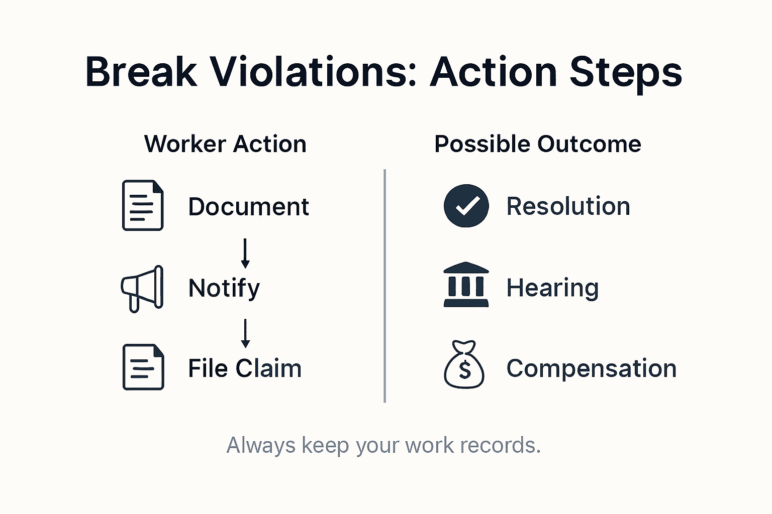 Infographic showing steps for break violation claims