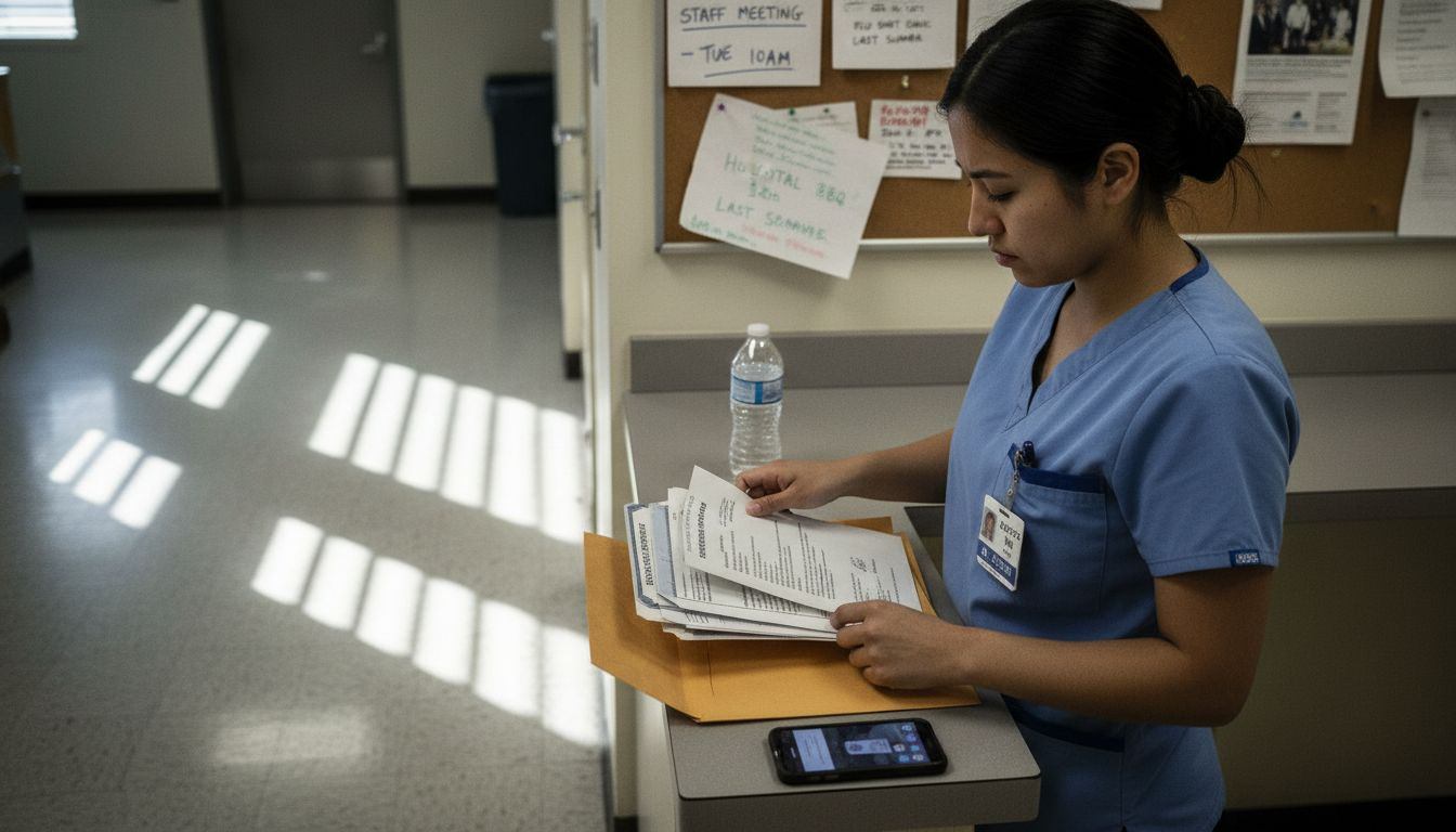 Nurse sorting medical leave documents at breakroom