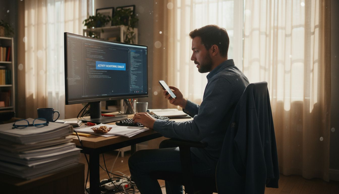 Creative worker reacts to monitoring alert at home