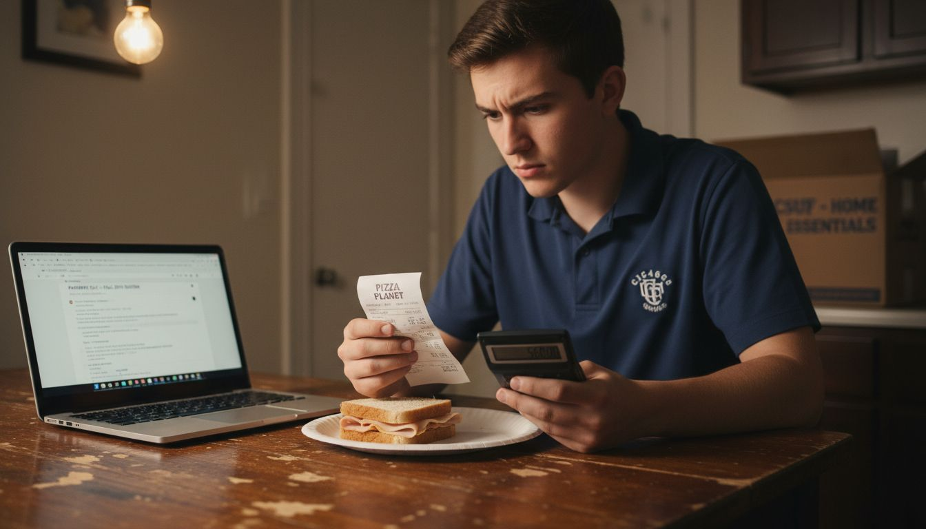 Student reviewing paystub at kitchen table