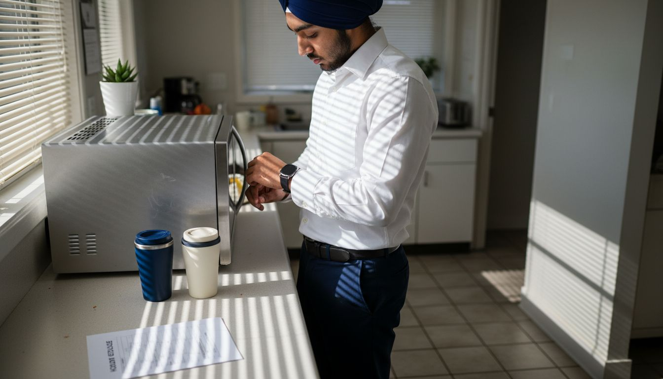 Employee wearing turban checks work break schedule