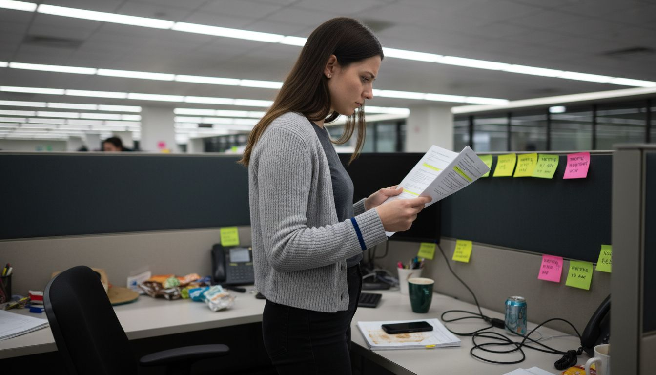 Employee reviewing printed PIP document at desk