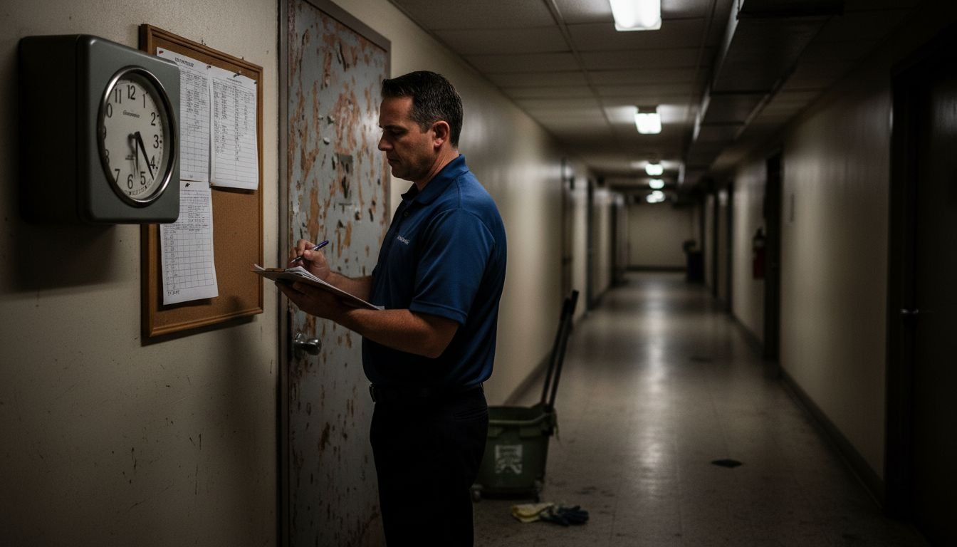Supervisor reviewing timecards in hotel hallway