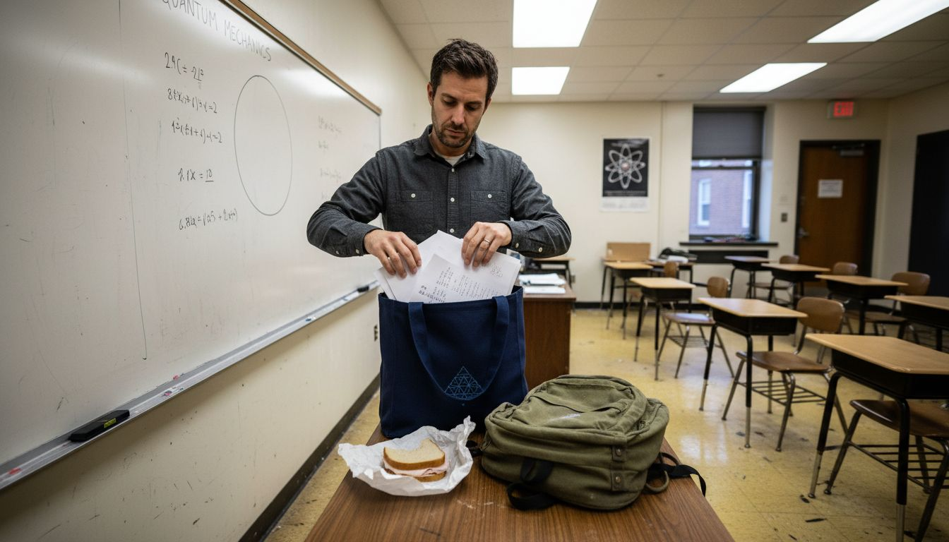 Adjunct professor cleaning up empty classroom