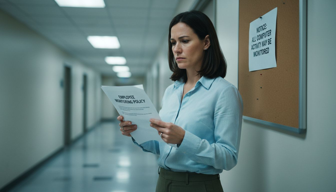 Employee reading workplace monitoring notice