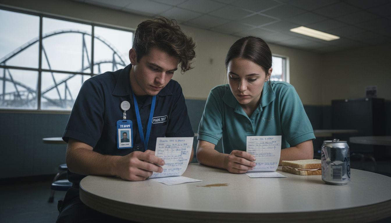 Amusement workers comparing timecards breakroom