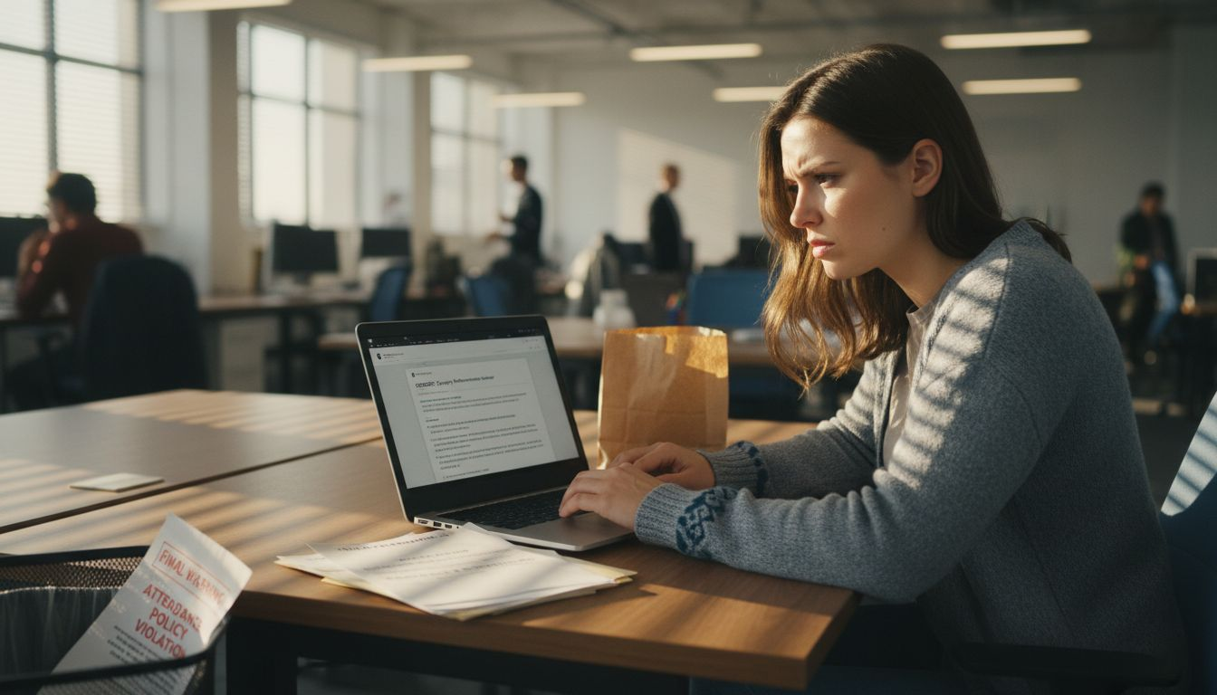 Worried woman reviews HR memo at desk