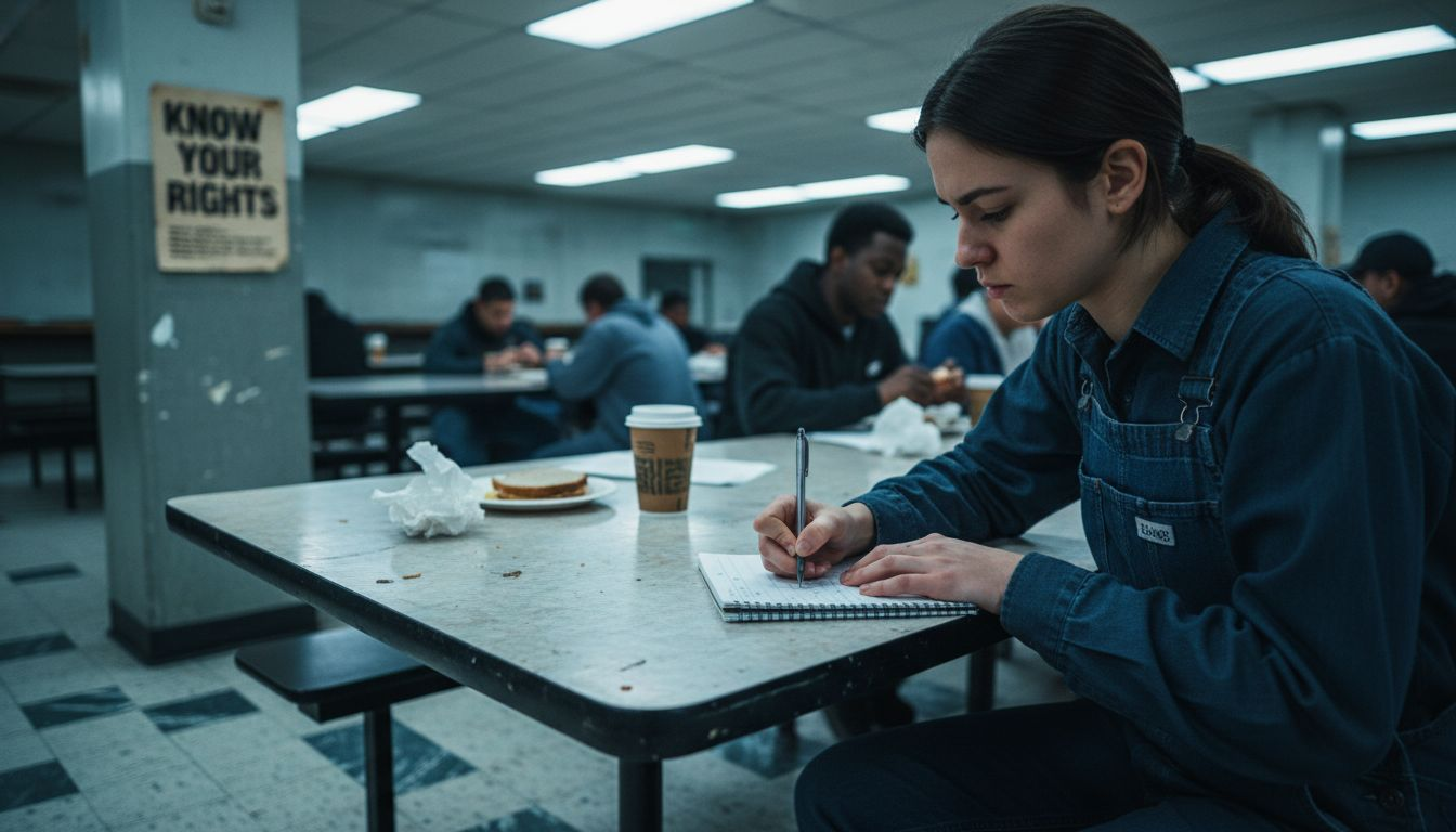 Worker writing log in messy warehouse break room