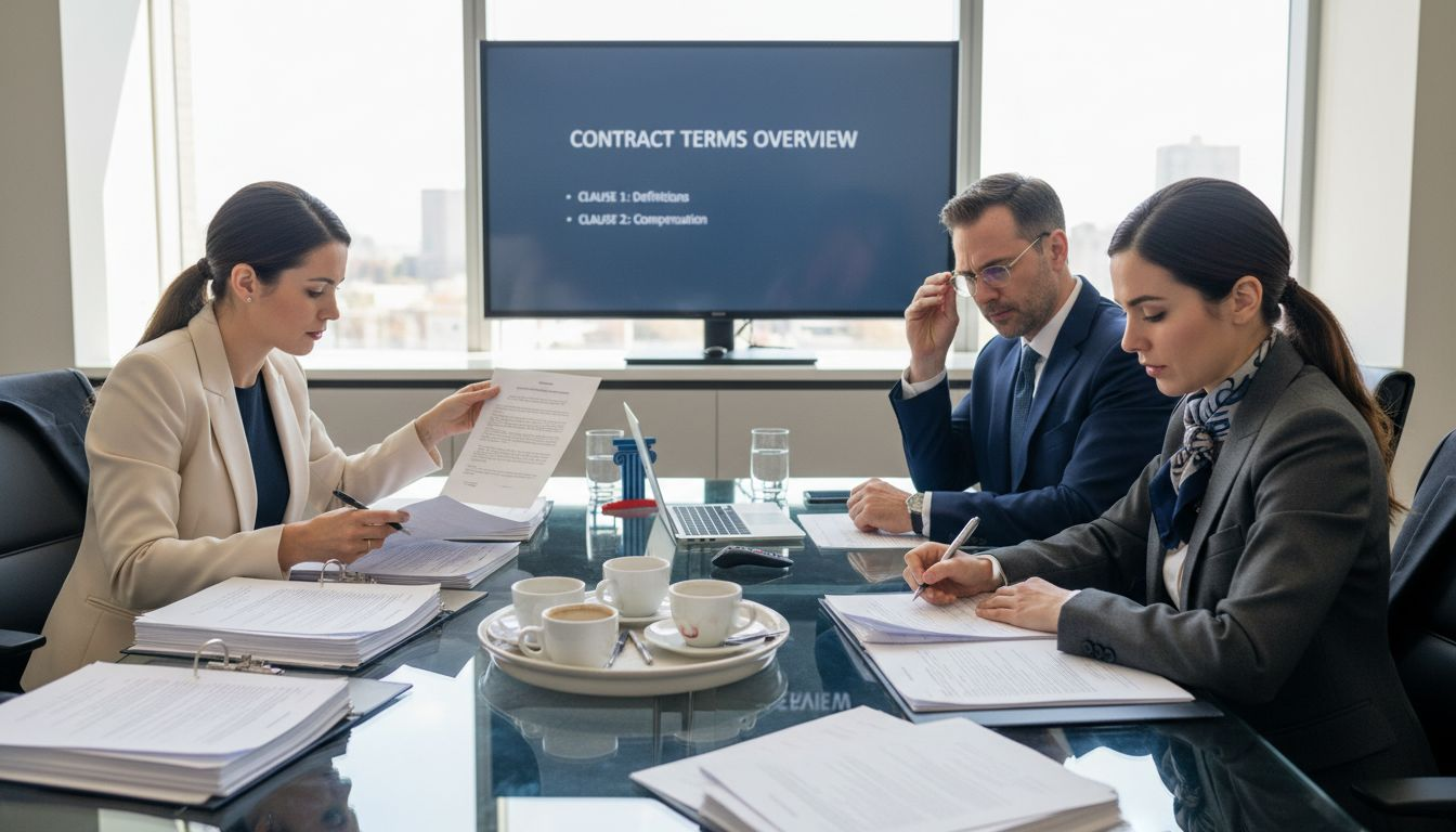 Executives negotiating employment contracts in boardroom