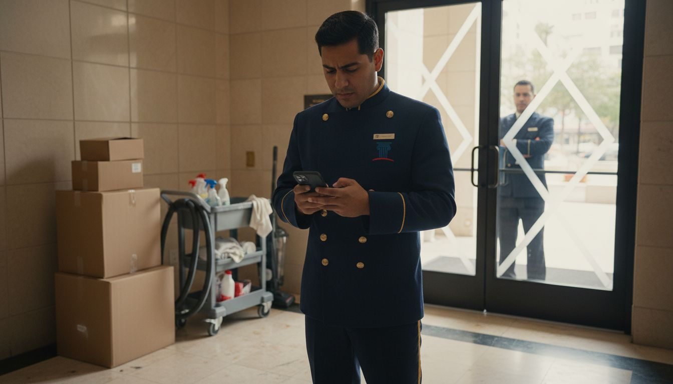 Manager watching hotel worker near staff entrance