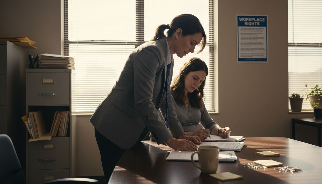 Supervisor and pregnant worker reviewing leave forms