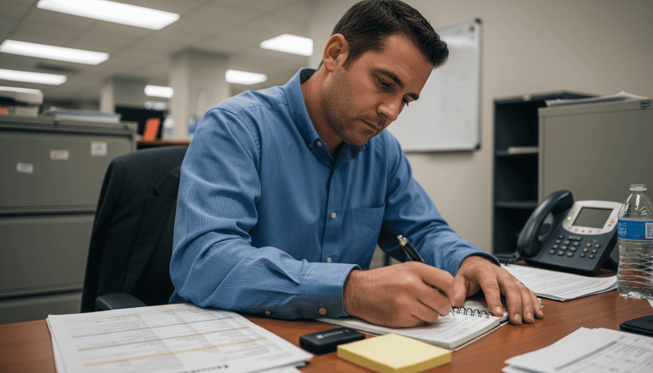 Man recording harassment incidents in notebook