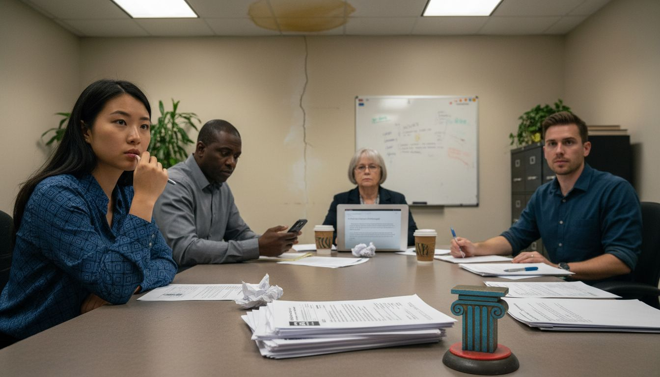 Stressed team in tense workplace meeting