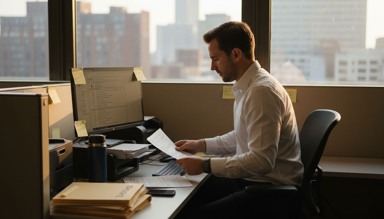 Employee organizing workplace evidence at desk