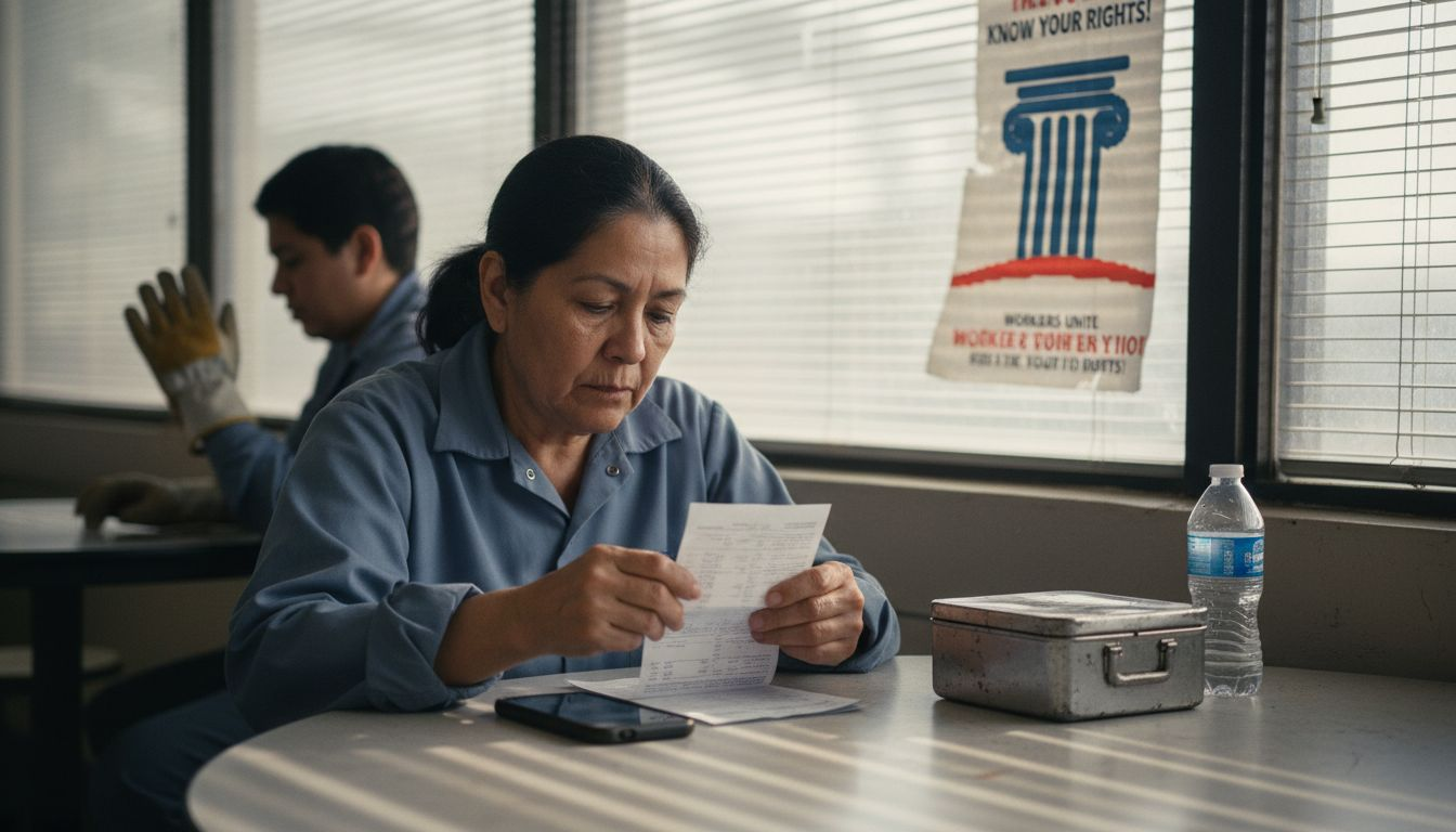 Concerned worker reviewing pay stub in break room