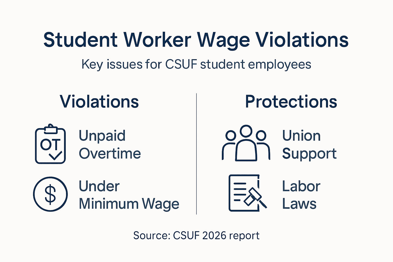 Infographic showing CSUF student wage violations and protections