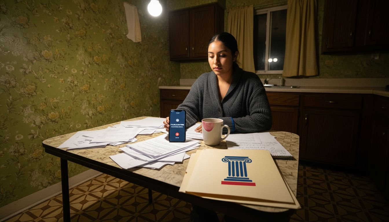 Client organizing legal documents at kitchen table