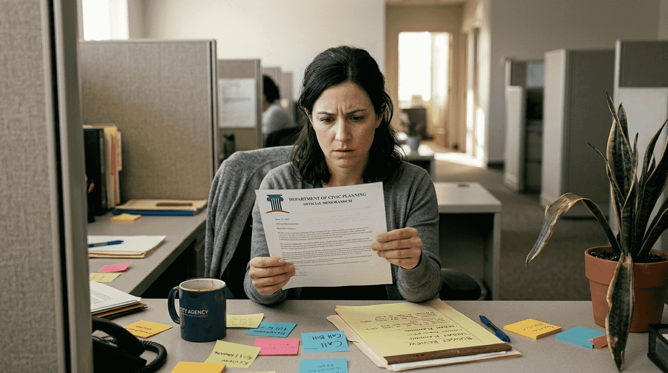 Employee reading notice after workplace retaliation