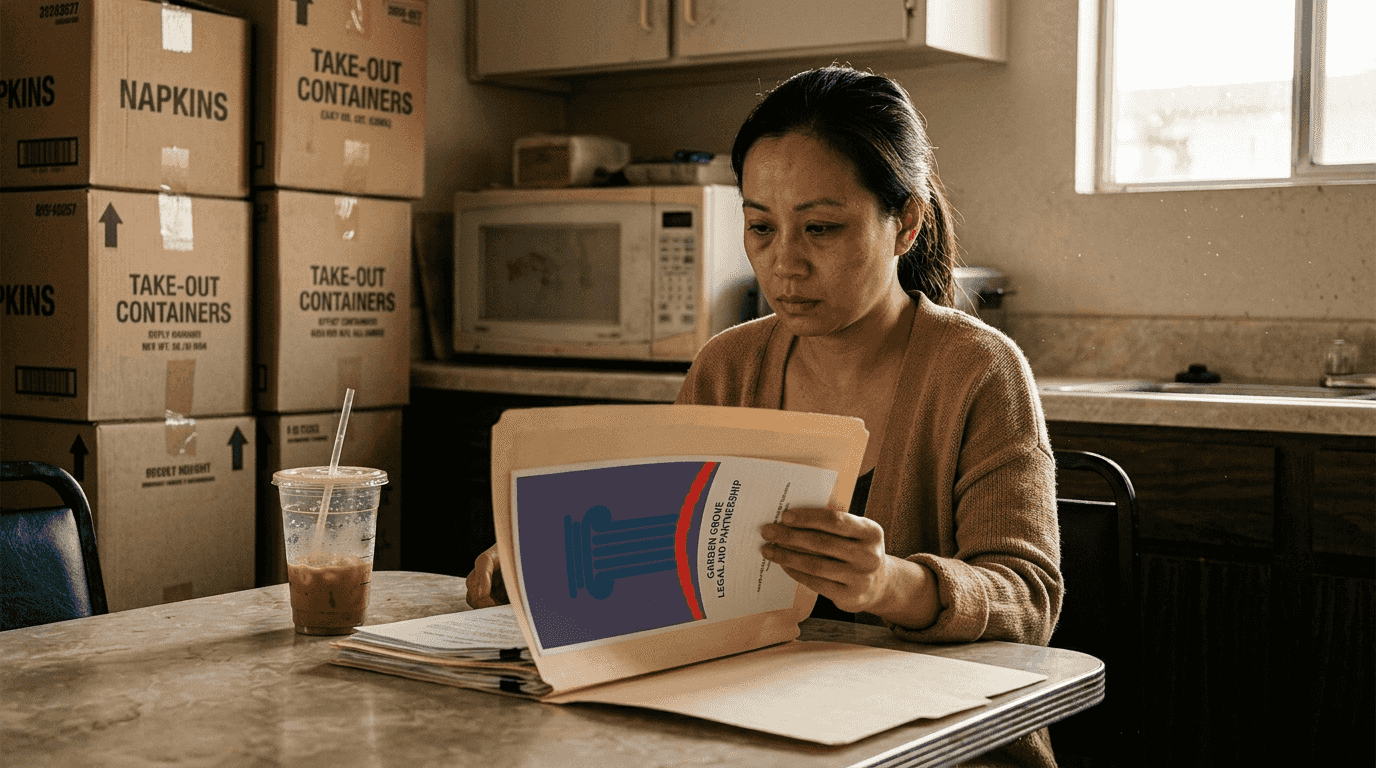 Employee reading documents in break room