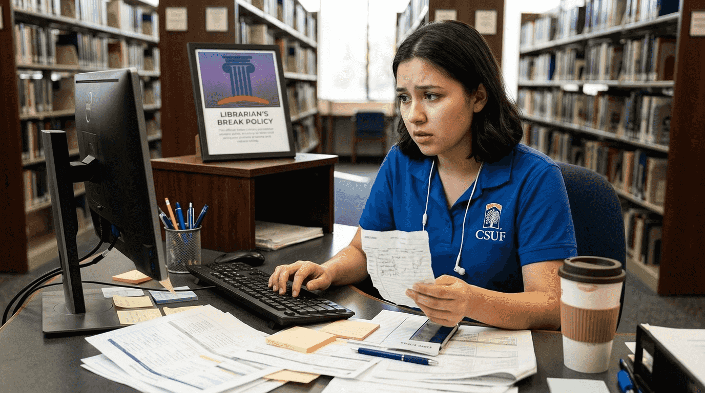 Student assistant reviewing pay dispute paperwork