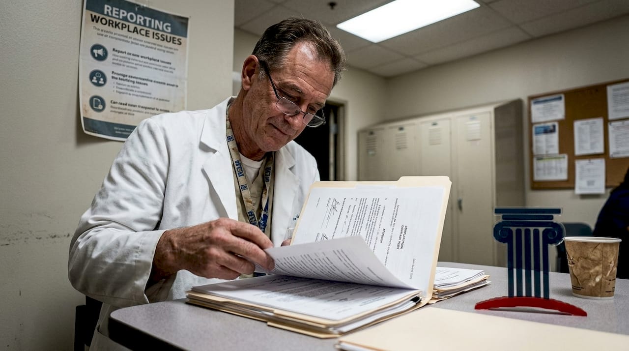 Nurse sorting legal files in break room