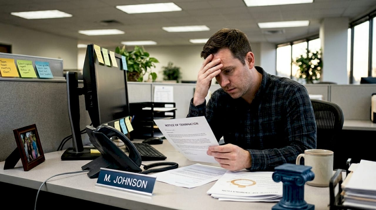 Employee reading termination notice at desk