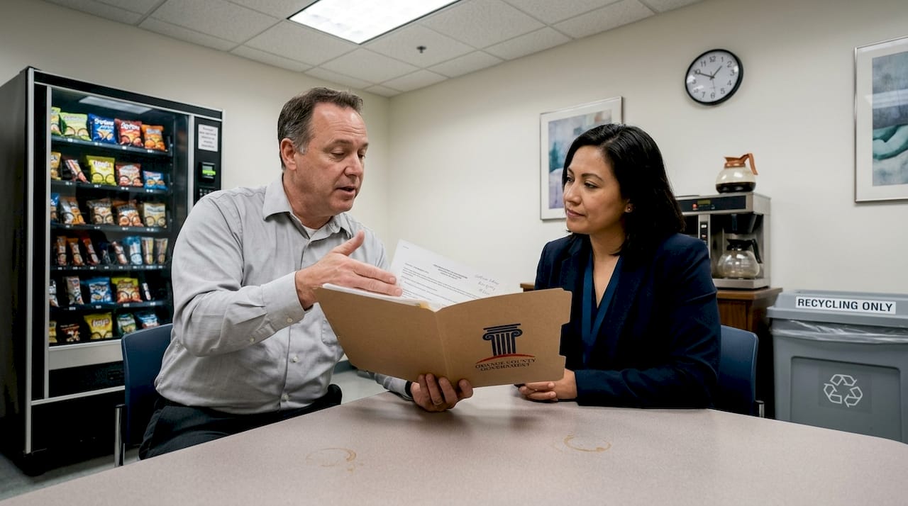 Staff discuss documents in break room scene