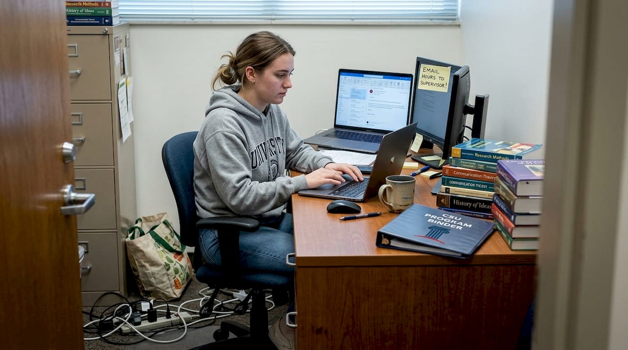 CSUF intern emails hours in campus office