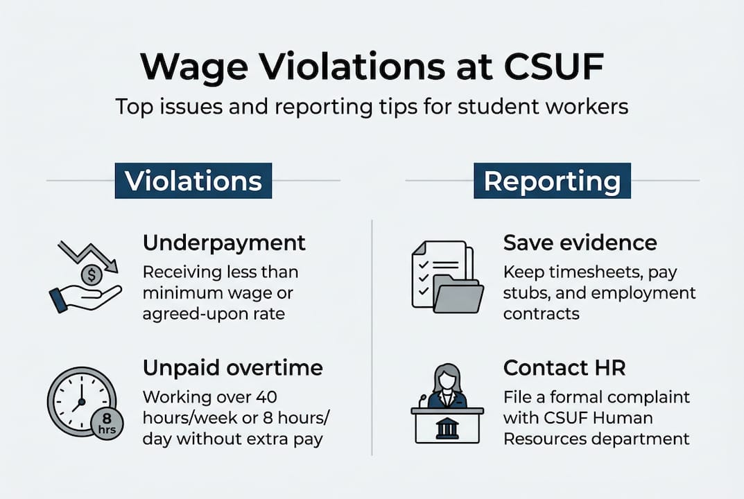 Infographic with CSUF wage violation issues and tips