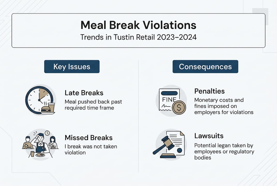 Infographic showing common meal break violations and consequences