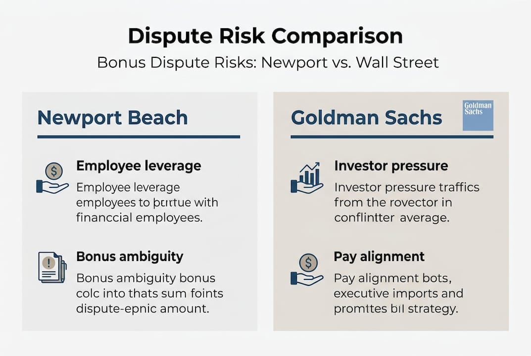 Infographic comparing bonus dispute risks Newport Beach vs Goldman Sachs