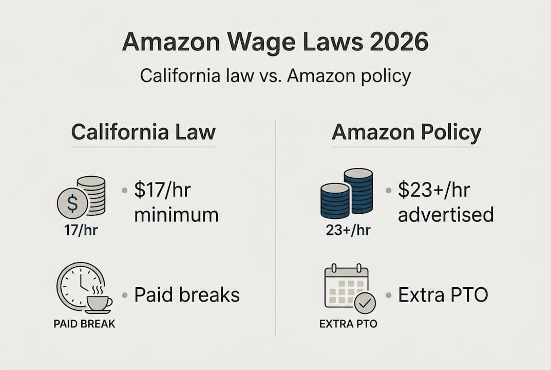 Infographic comparing Amazon and California wage laws