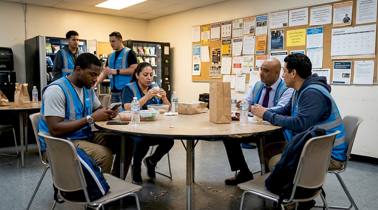 Amazon workers in busy warehouse break room