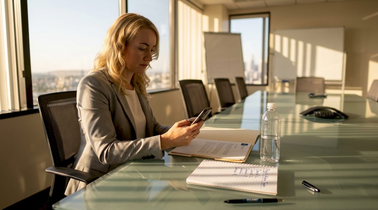 Executive checks phone next to open folder