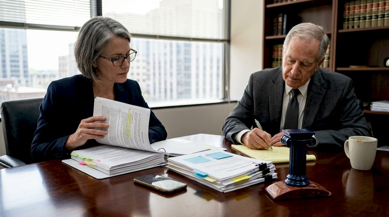 Attorney consulting with executive over paperwork